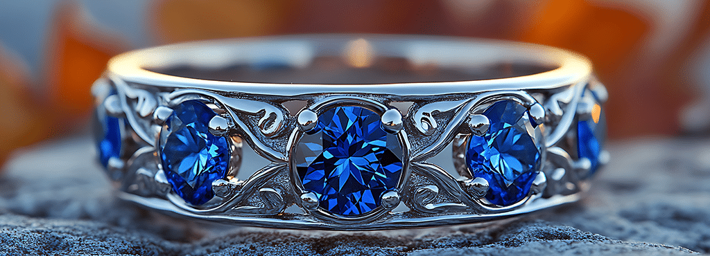 sapphires and white gold band sitting on a rock with fall color and sunset in background