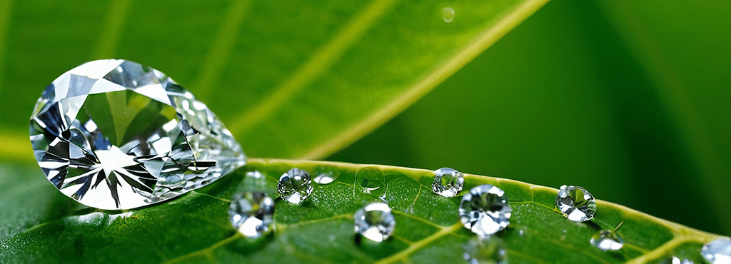 A luxurious closeup of pear shape diamond resting on vibrant green leaf