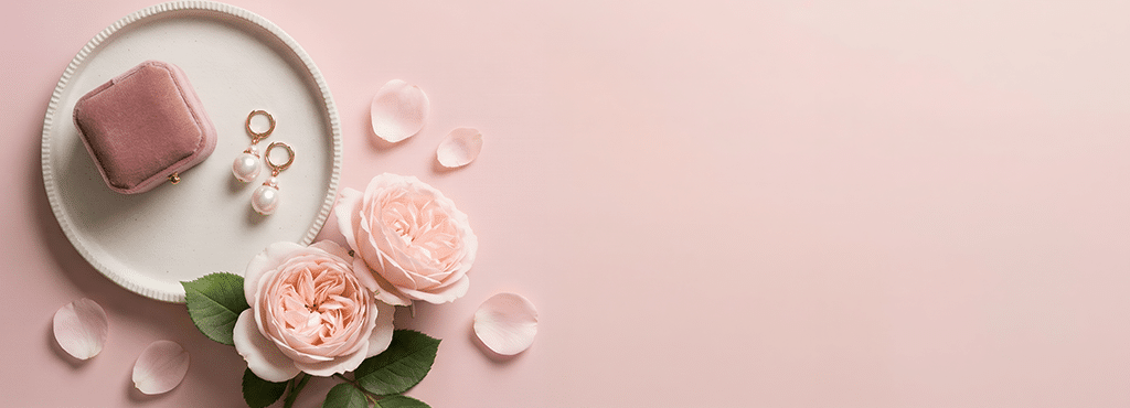 pearl earrings displayed on a tray next to a jewelry box and pink roses