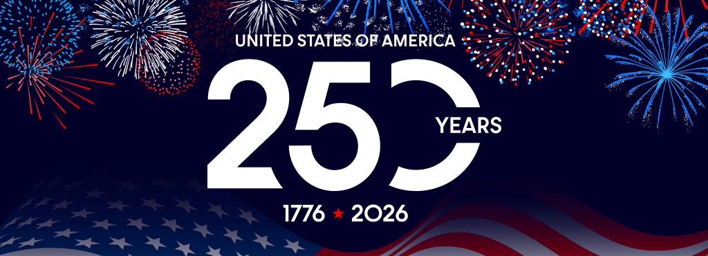 United States of America 250 Years - 1776 - 2026, white text on dark blue background with red white and blue fireworks at the top and american flag at the bottom