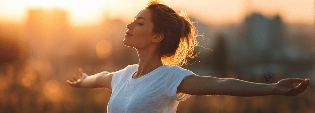woman wearing white t shirt standing in a summer field with her arms outstretched