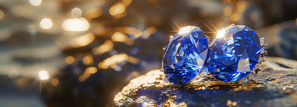 sapphire earrings sitting on a rock in front of ocean waves at sunset