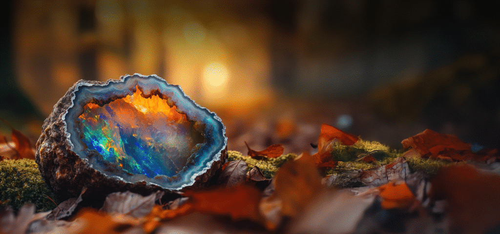 bright opal sitting on autumn coloured leaves on a forest floor